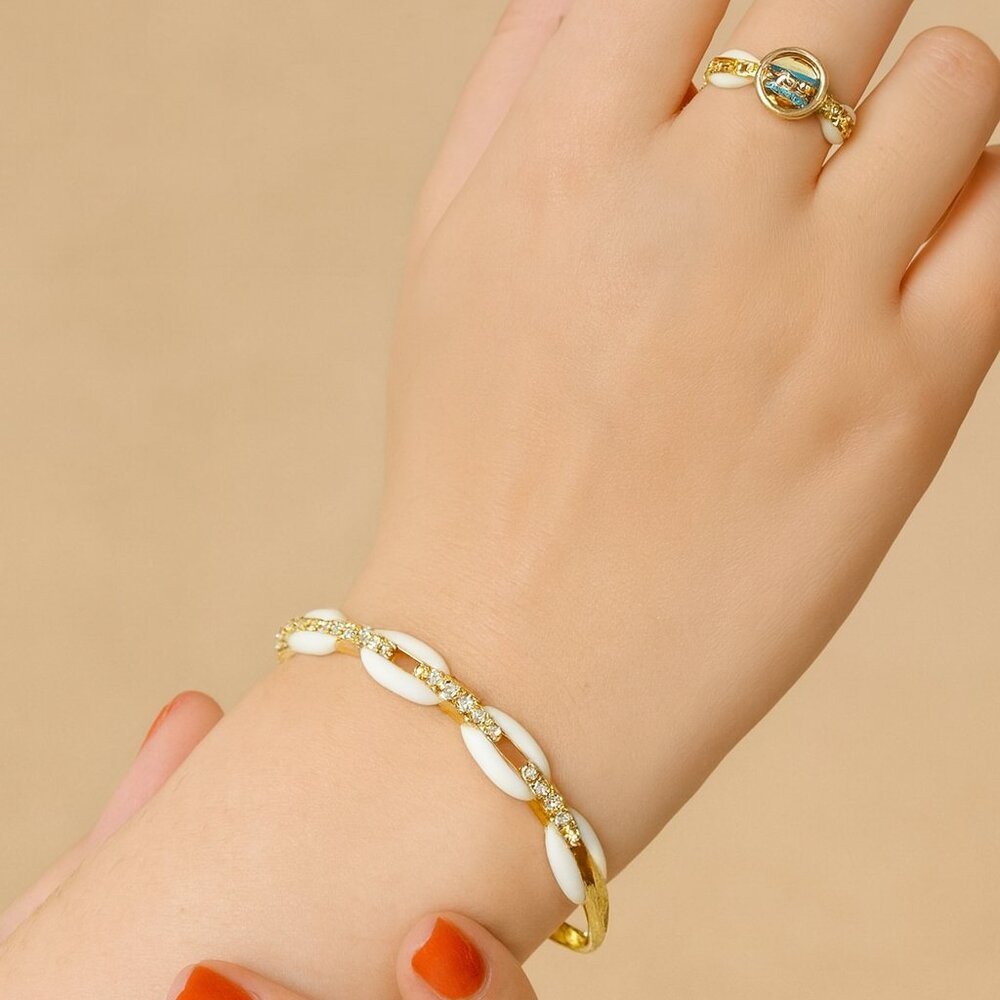 Ring and Chic Coffee Bean Enamel Cuff Bracelet Clear Crystal Stone